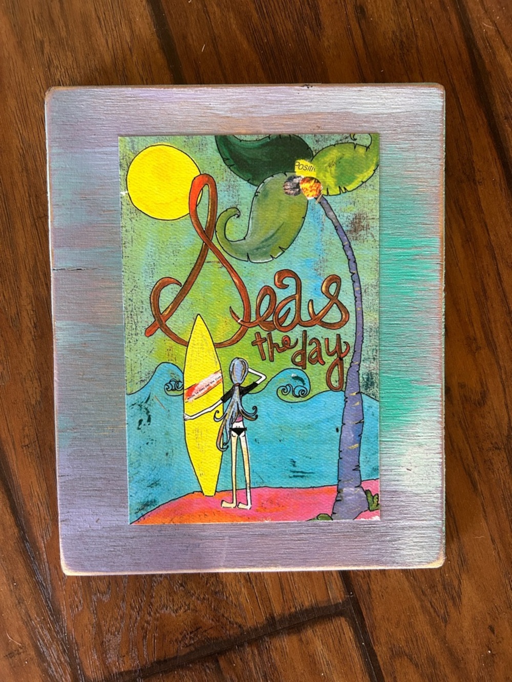 Handmade seas the day original wood art collage signed by artist surfboard beach